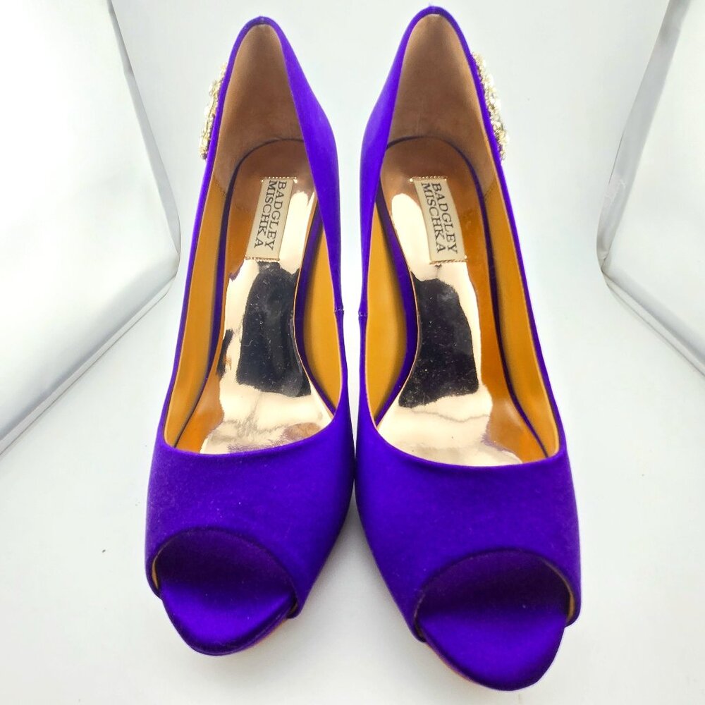 Badgley Mischka Royal Jeweled Dress Pumps | African Violet | Size 7 | Satin Peep